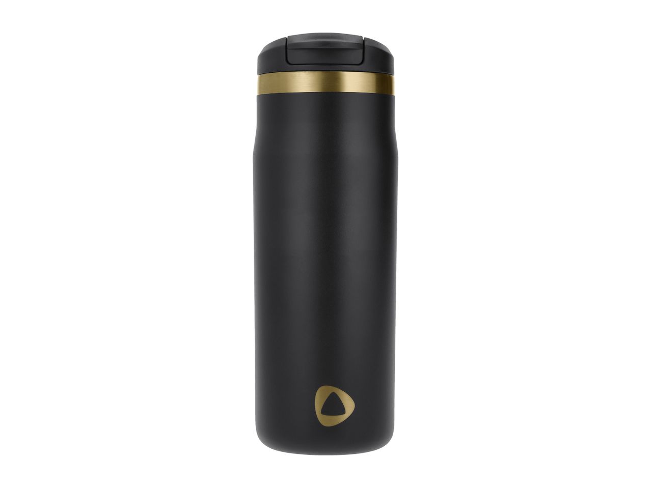 Black travel mug with a gold band and a gold triangular logo at the bottom.
