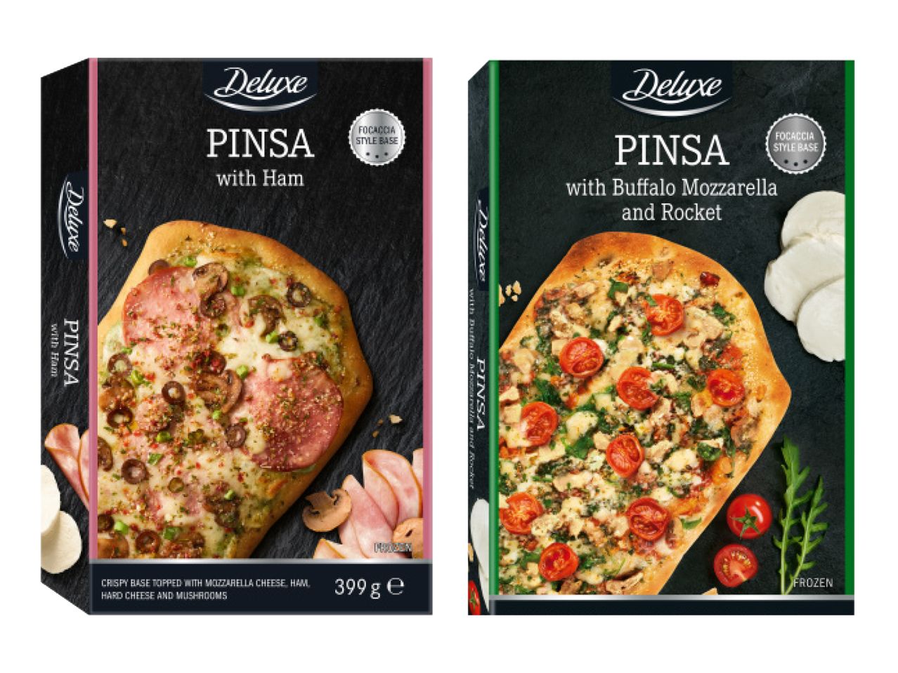 Kaks pakki Deluxe Pinsa pitsasid: singi ja mozzarella-rukola maitsega.