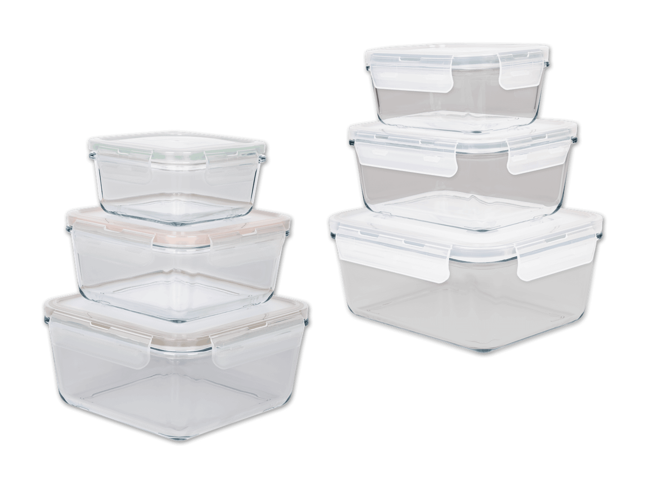 Zwei Sets quadratischer, durchsichtiger Plastik-Vorratsdosen, ideal zum Aufbewahren von Lebensmitteln.