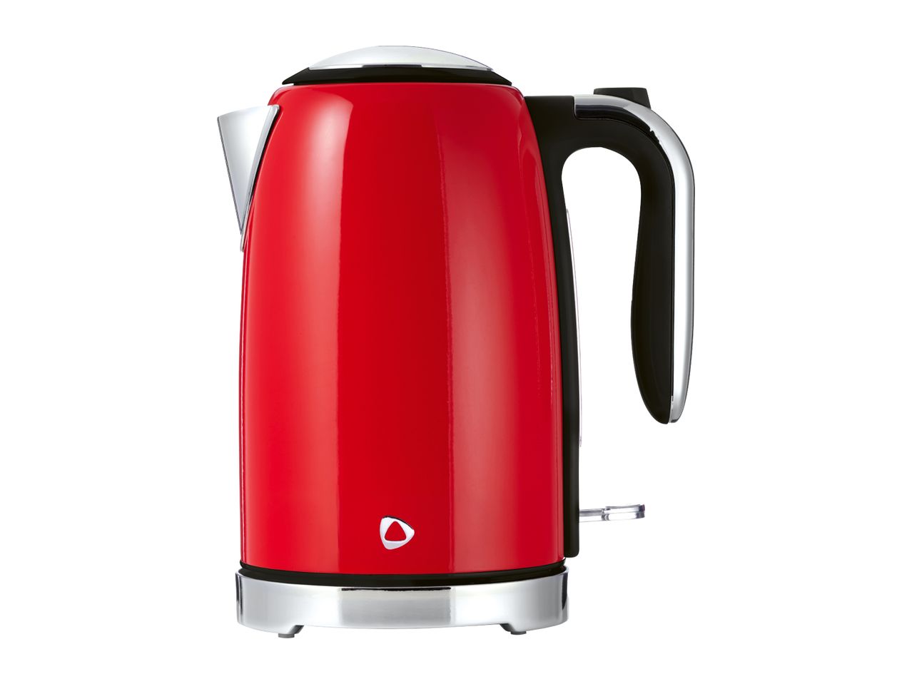 Red electric kettle with chrome details and a black handle