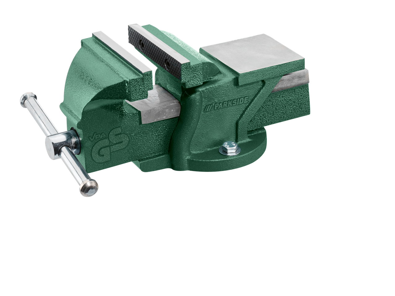 A Parkside vise with a green finish and silver handle.