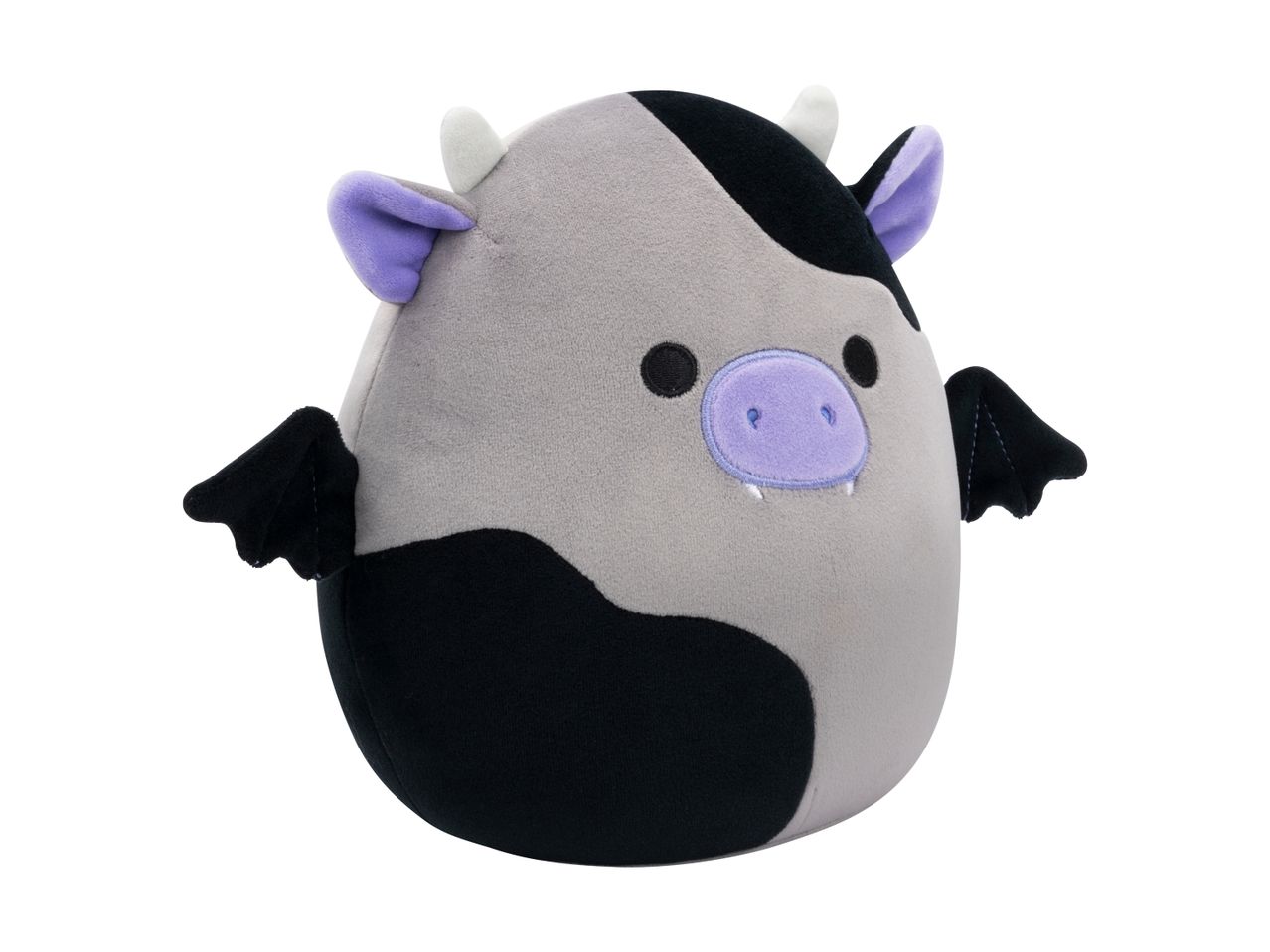 A gray and black cow plush with purple ears, white horns, and black bat wings