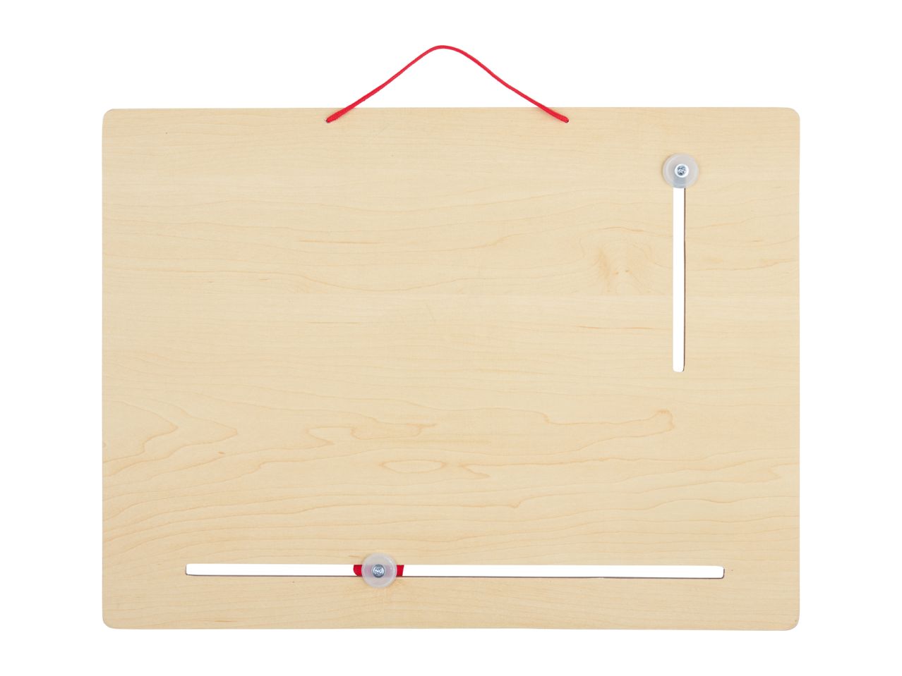 A wooden board with a red string handle and two clear plastic sliders in horizontal and vertical slots.