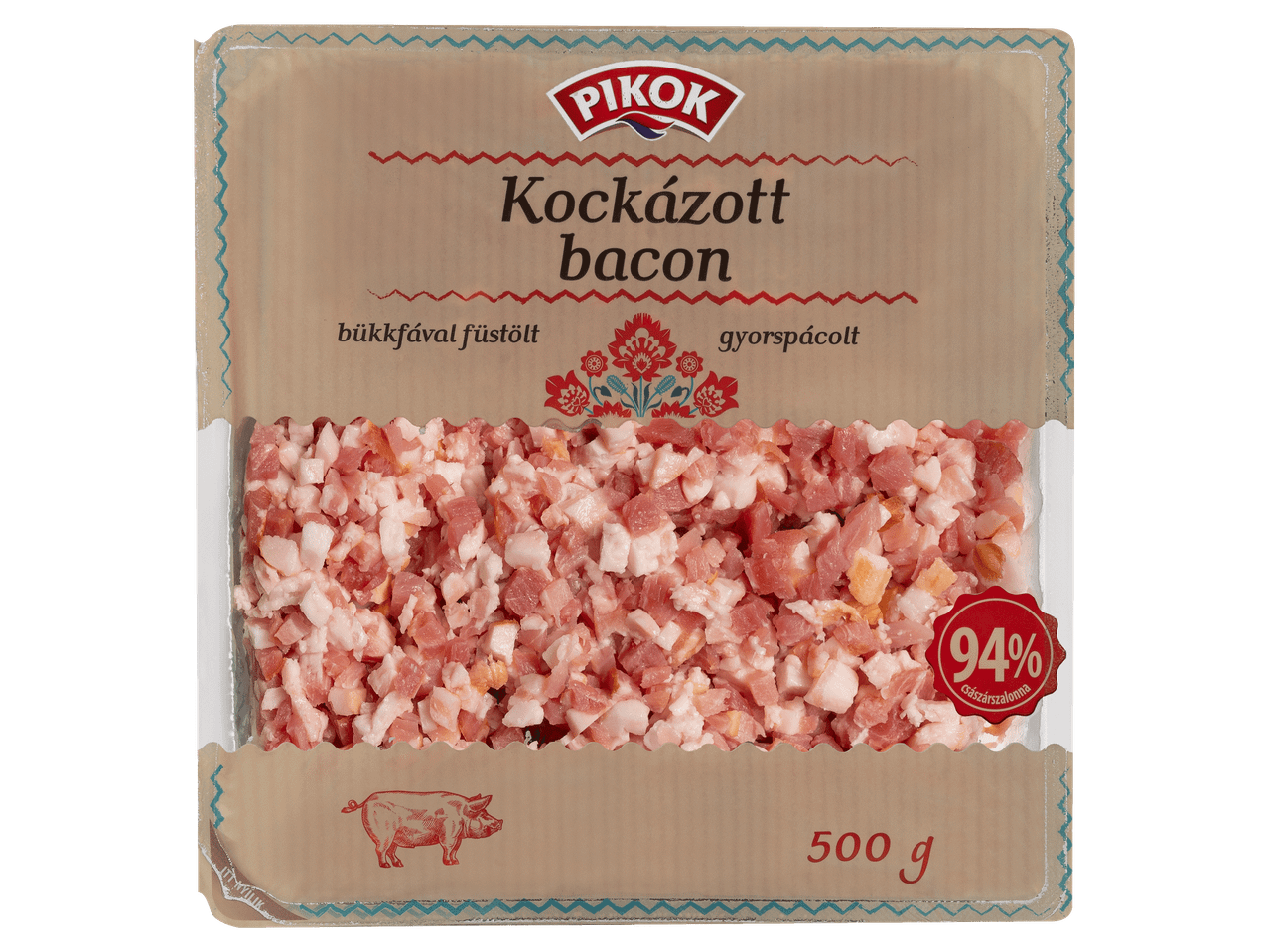 500 g-os kiszerelésű, bükkfával füstölt, gyorspácolt kockázott bacon.