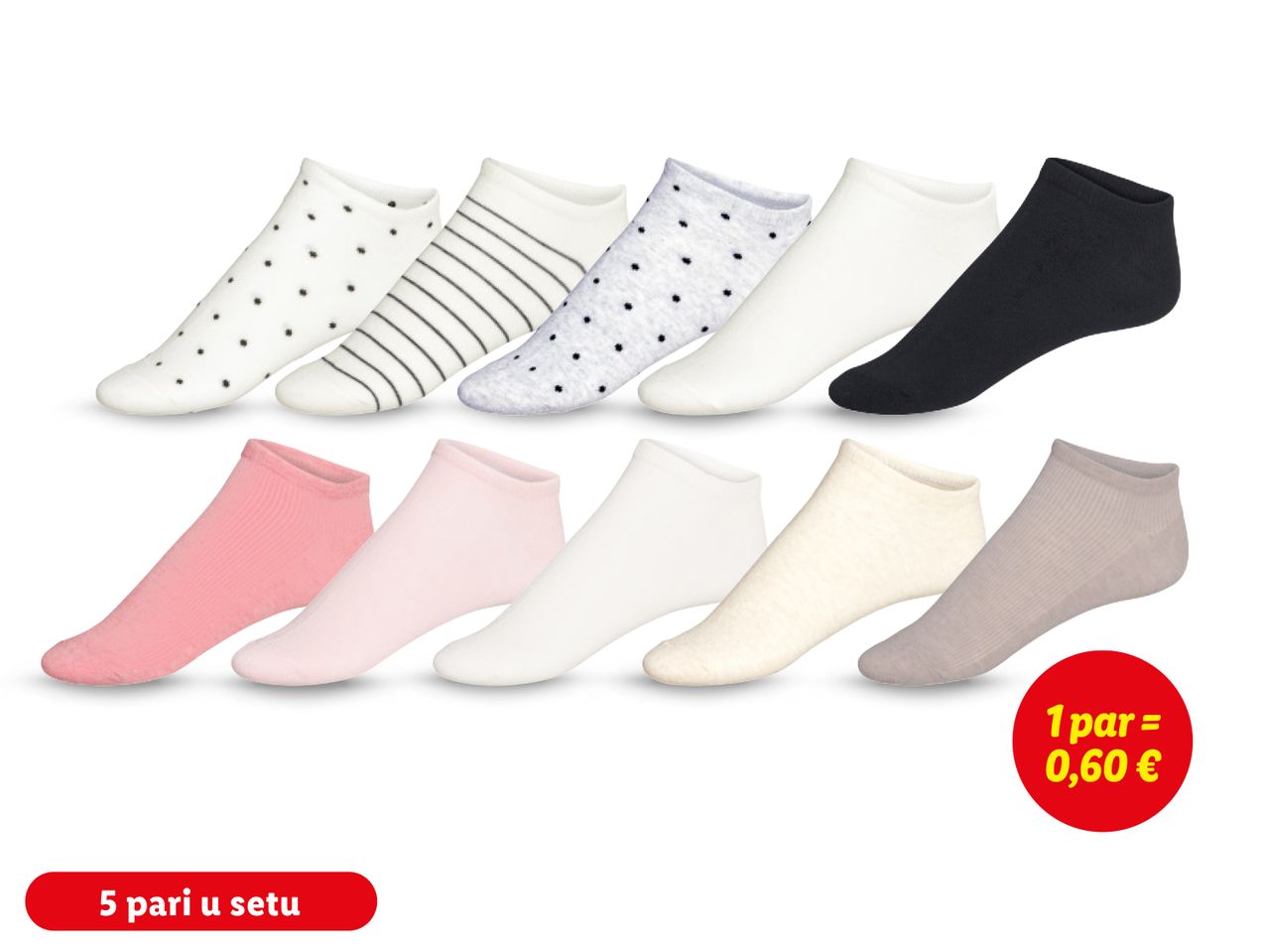 Set od 10 pari ženskih čarapa: bijele, s točkicama, prugama, ružičaste i sive.