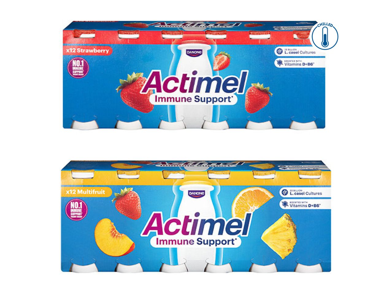 Actimel Immune Support 12-packs in Strawberry and Multifruit flavors.
