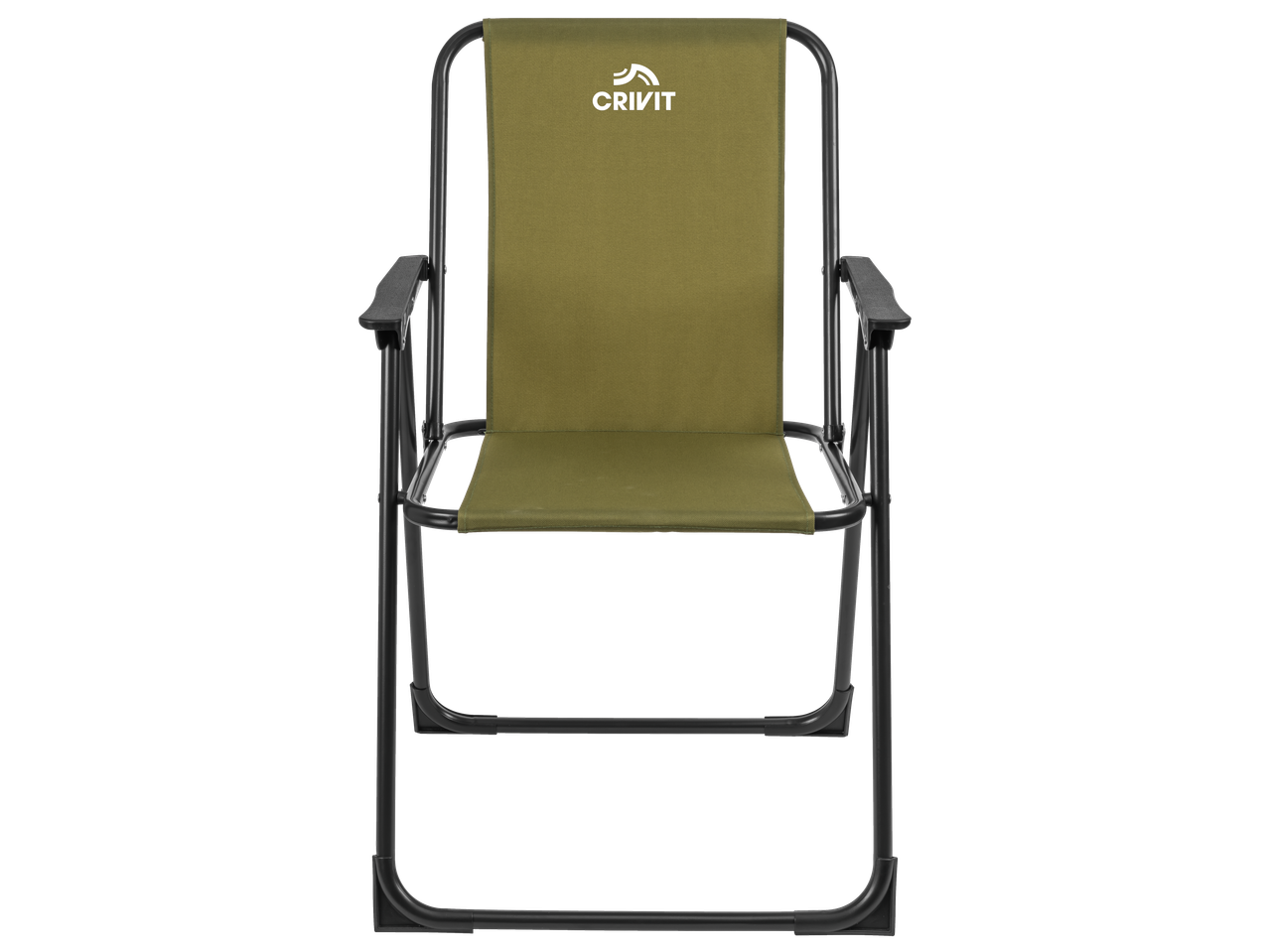 Сгъваем къмпинг стол CRIVIT в маслинено зелено с черна рамка.