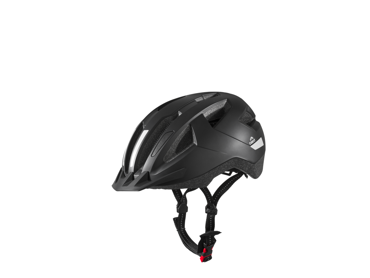 Black bicycle helmet with reflective stripes and adjustable straps
