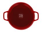 Red round baking dish with handles, suitable for various cooking methods.