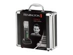 Hair clipper in a silver case with a man's face and product features on the packaging.