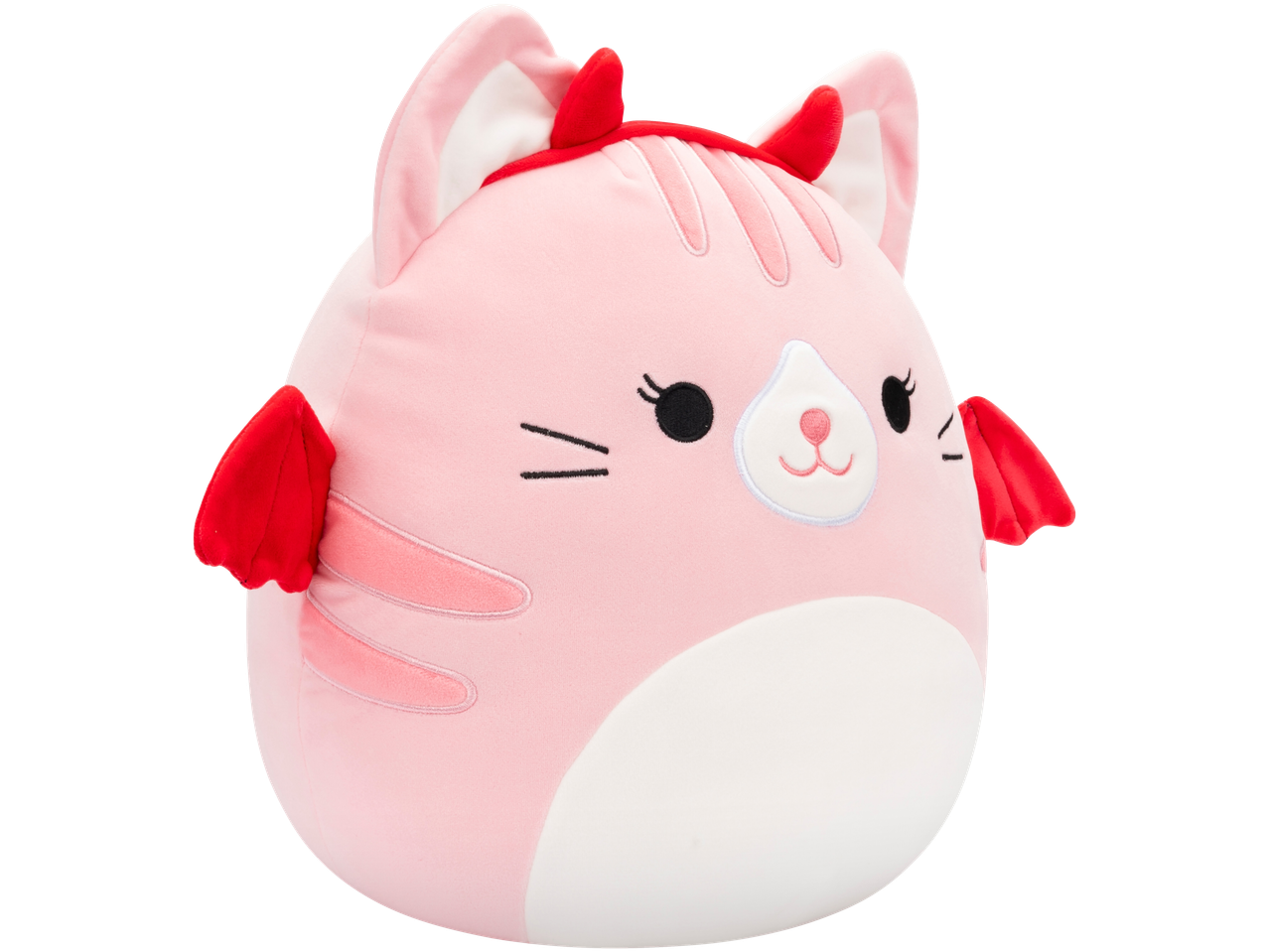 Pink Squishmallows plush toy with red devil horns and wings