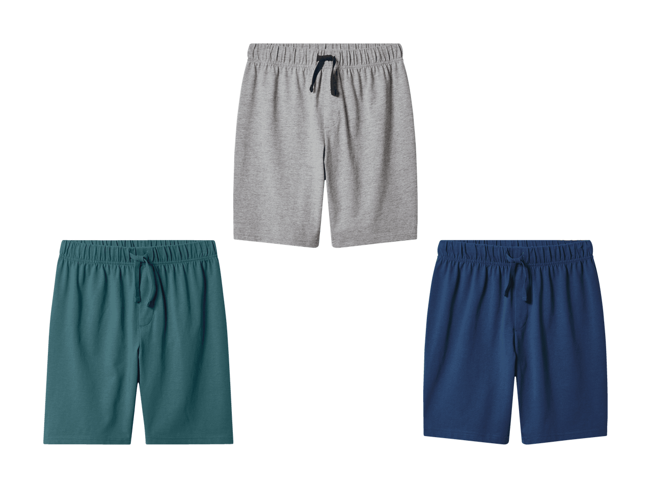 Trois shorts pour hommes en gris, sarcelle et bleu marine.