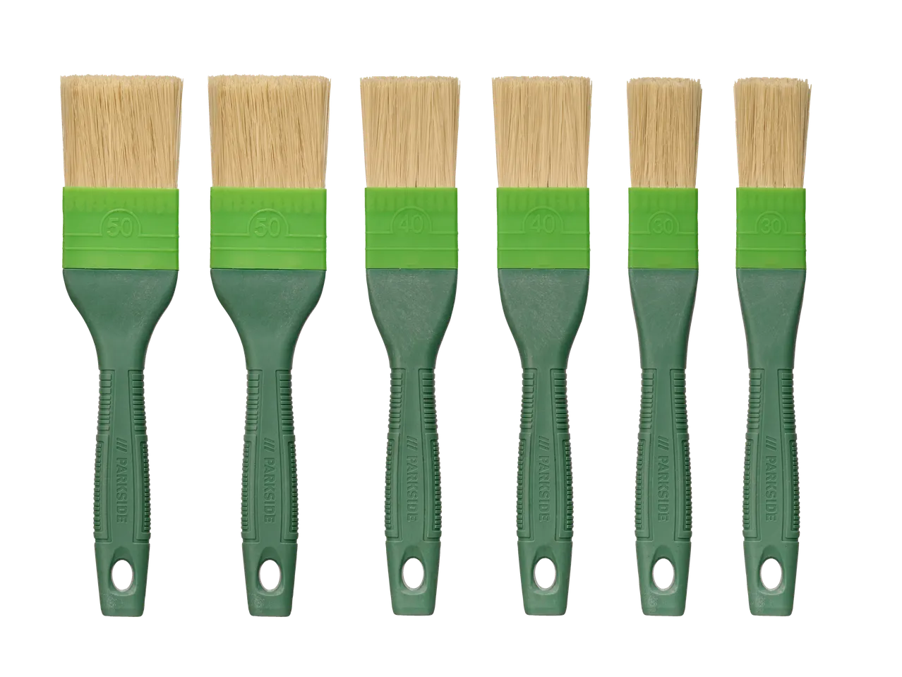 Šešių skirtingų dydžių Parkside® dažymo teptukų rinkinys.