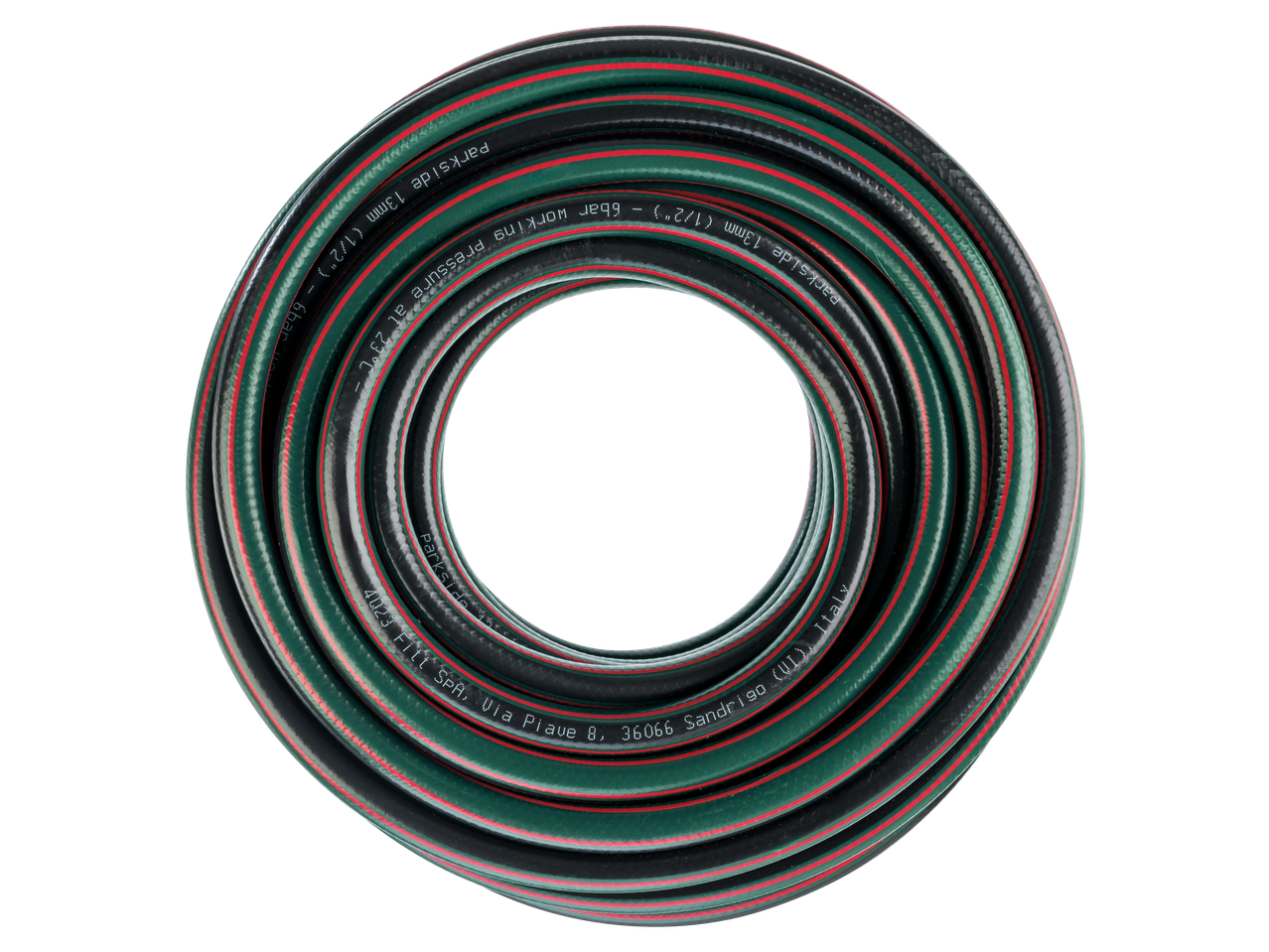 Coiled garden hose, green and black with red stripes, showing specifications.