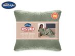 Green wearable blanket with a woman wearing it on a sofa, promoting energy saving.