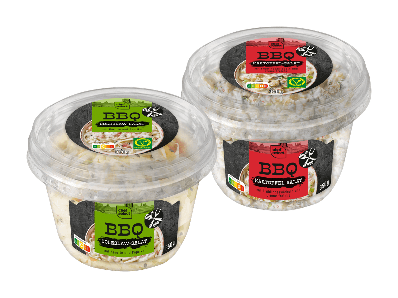 Zwei kleine Behälter mit BBQ-Salat in verschiedenen Geschmacksrichtungen.