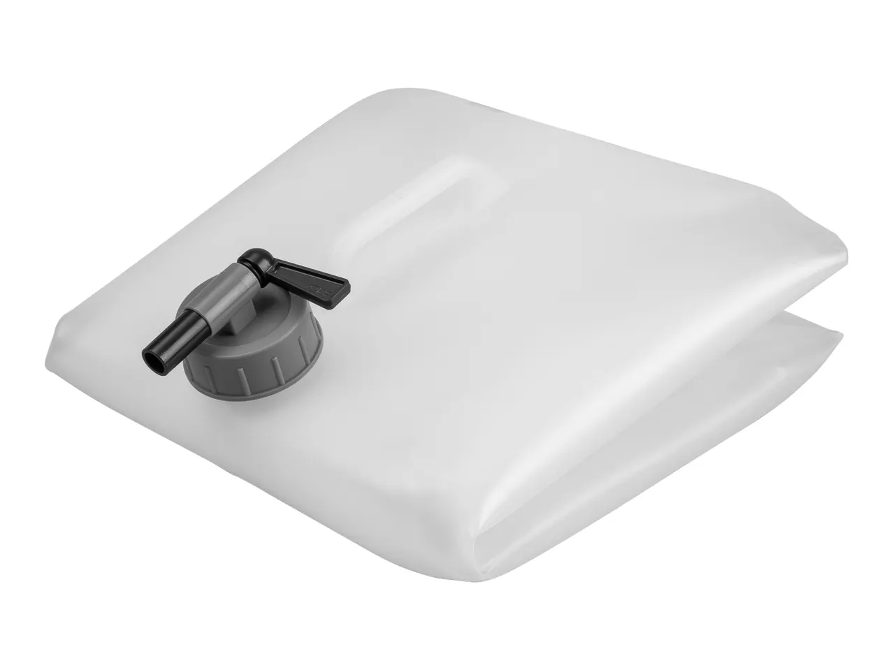 Foldable water container with a tap, made of white plastic.