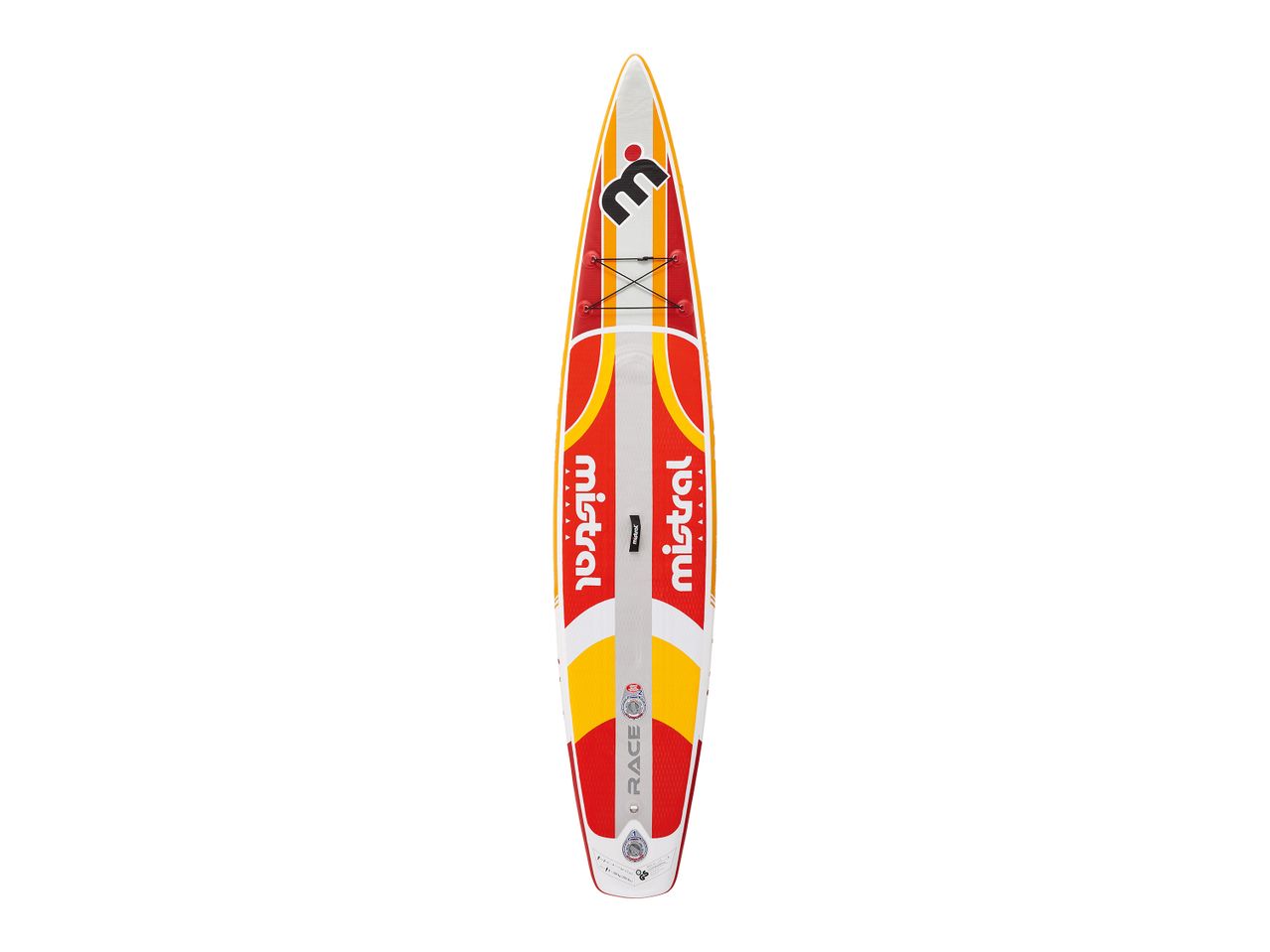 Μια σανίδα SUP αγώνων Starboard Sprint σε κόκκινο και κίτρινο χρώμα.
