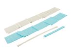 Two long resistance bands in beige and blue, with two shorter bands below, all featuring exercise diagrams and branding.