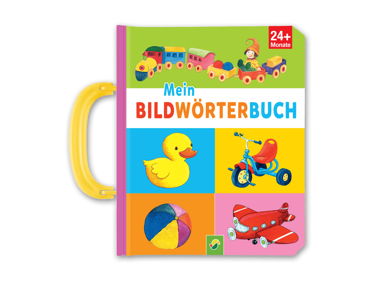 Kinderbuch mit Spielzeugzug, Ente, Dreirad, Ball und Flugzeug, Aufschrift 'Mein BILDWÖRTERBUCH'