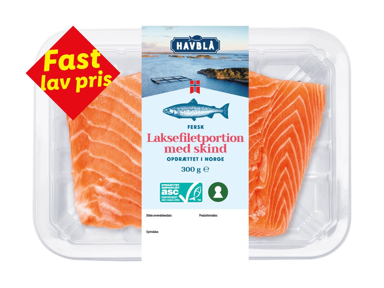 Pakke med fersk laksefiletportion med skind, 300g, opdrættet i Norge, med et 'Fast lav pris' mærke.