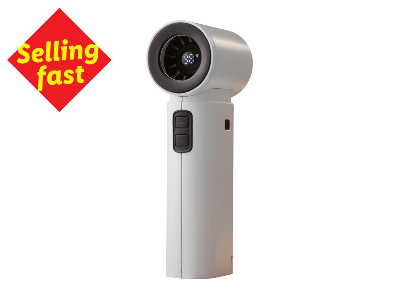 White handheld fan with a digital display and control buttons, with a 'Selling fast' label.