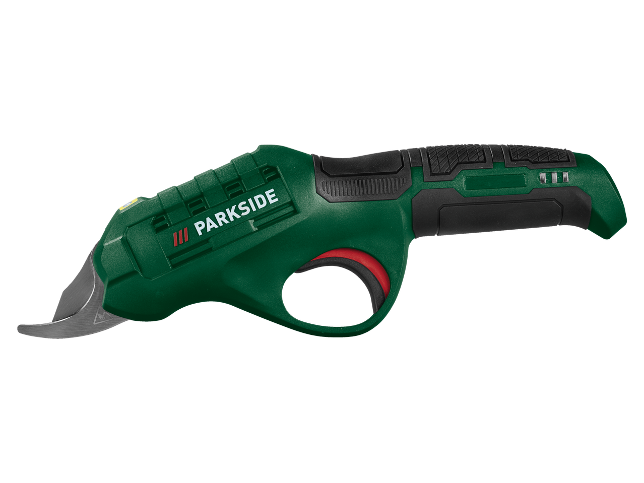 Zaļas elektriskās atzarošanas šķēres ar melnu rokturi un sarkanu sprūdu.