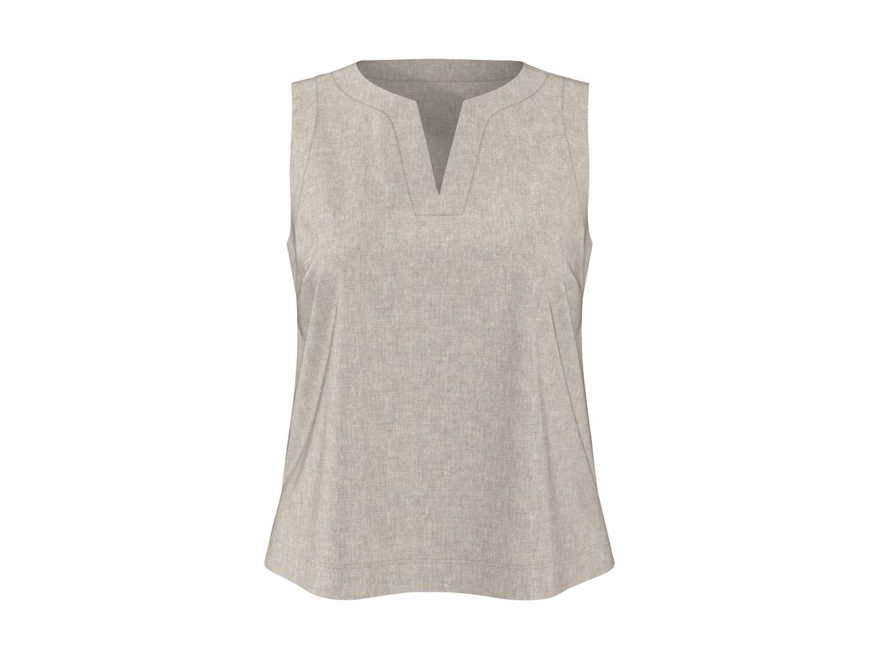 Sleeveless beige linen-look top with a V-neckline.