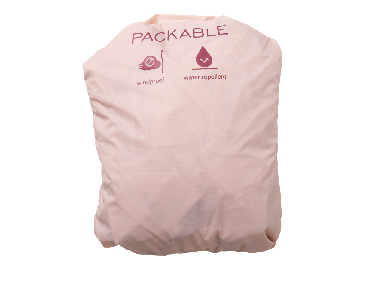 Rosa Verpackung der CRIVIT Funktionsjacke, mit Aufschrift PACKABLE, winddicht und wasserabweisend.