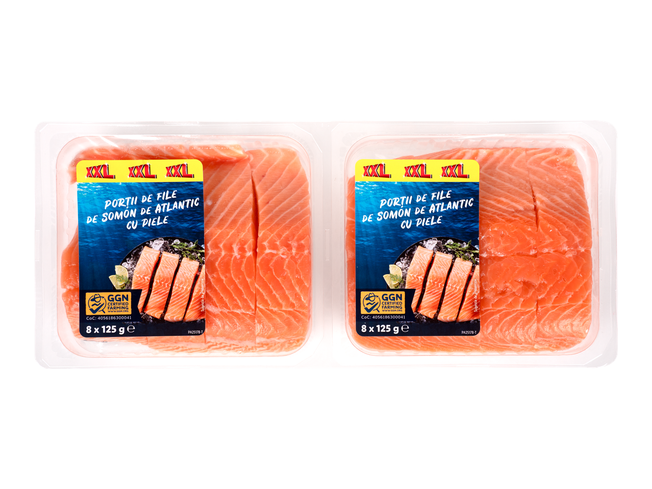 Două pachete de file de somon de Atlantic cu piele, 8 porții a 125g fiecare.