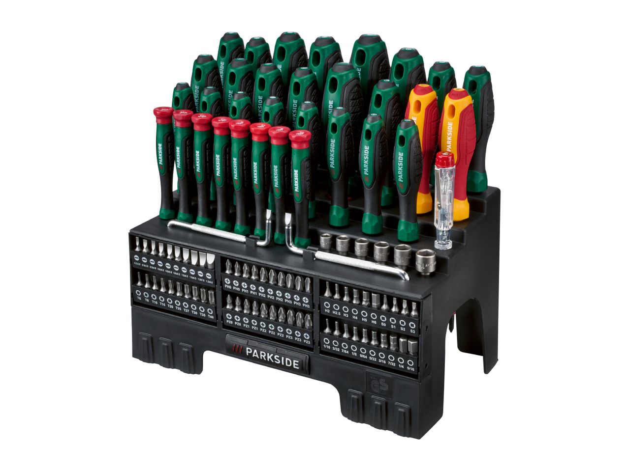 A large screwdriver set with various sizes of screwdrivers, bits, and sockets, organized in a black stand.