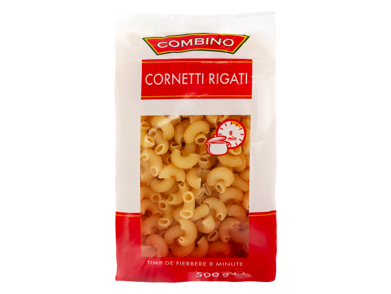 Paste COMBINO Cornetti Rigati într-o pungă, cu timp de fierbere 8 min și greutate 500g