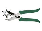 A green and silver leather hole puncher with a rotating head for different hole sizes.