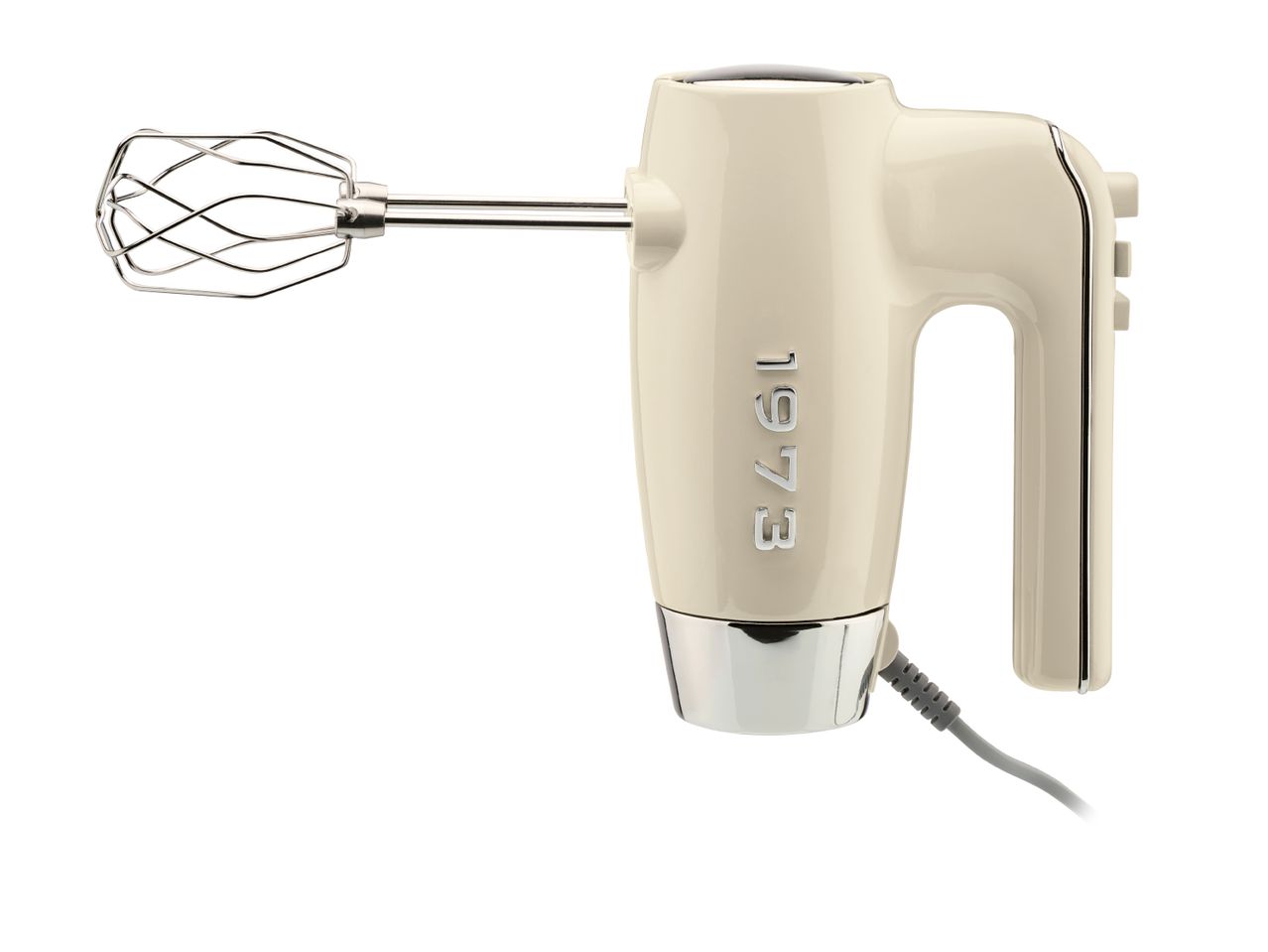Retro-style cream hand mixer with a wire beater and chrome details, featuring the year 1973