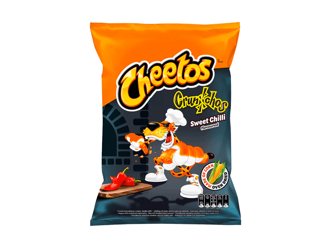 Tüte Cheetos Crunchos mit süßem Chili-Geschmack und Chester Cheetah beim Kochen.