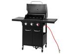 Grillmeister 3 Burner Gas Barbecue with open lid, side shelves, and gas hose