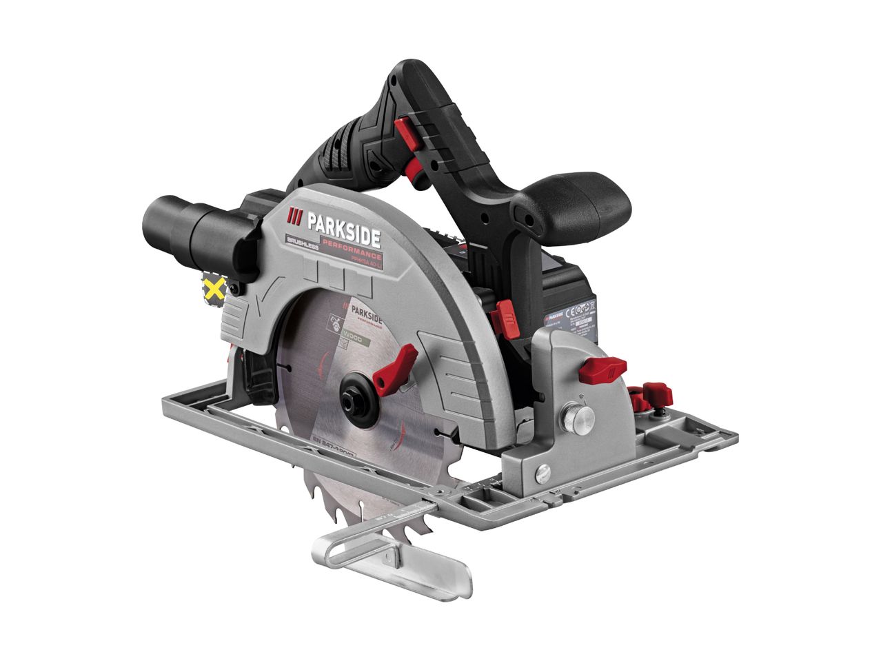 Cordless circular saw with a brushless motor, designed for wood cutting.