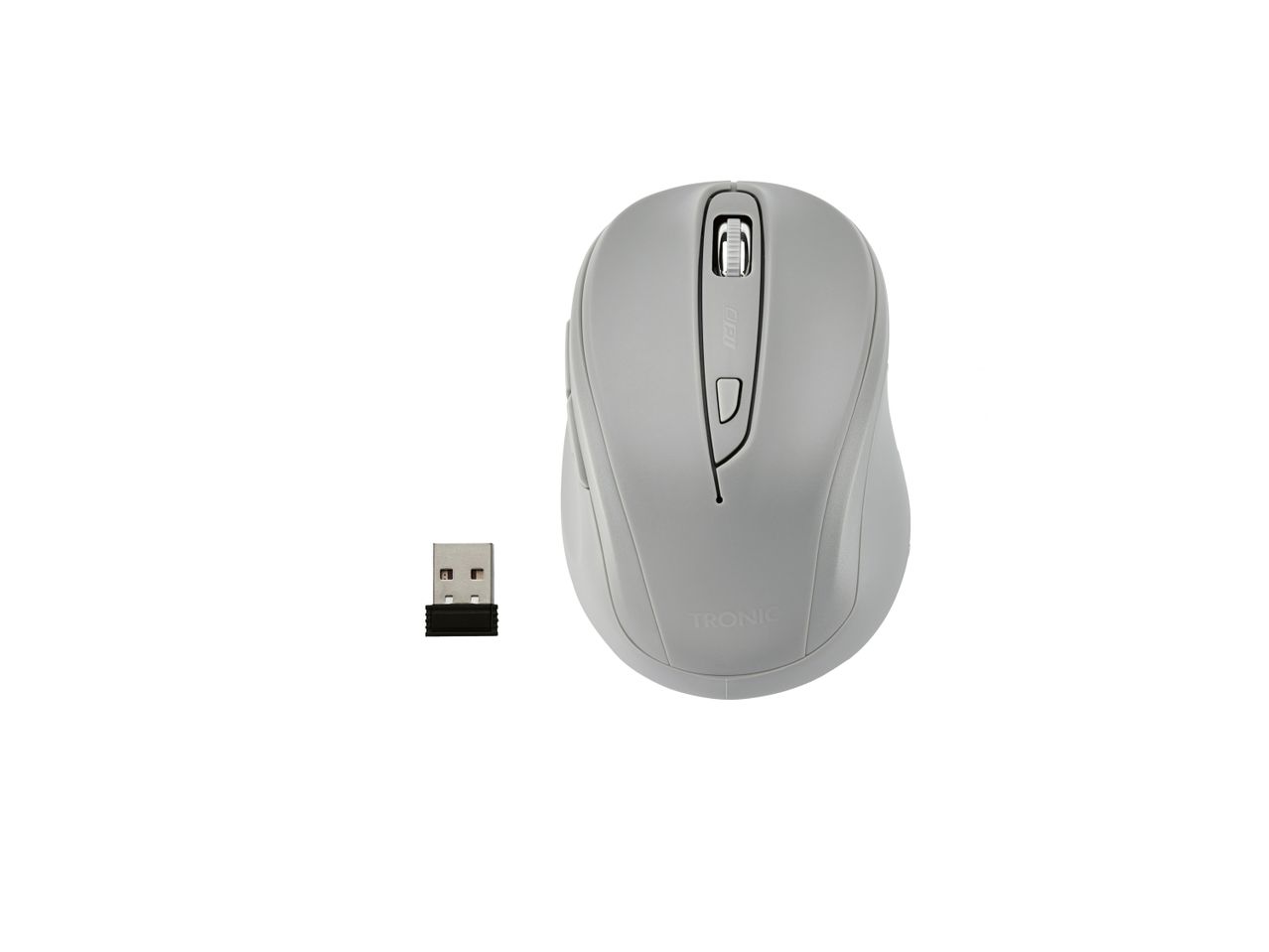 Mouse wireless grigio con ricevitore USB.