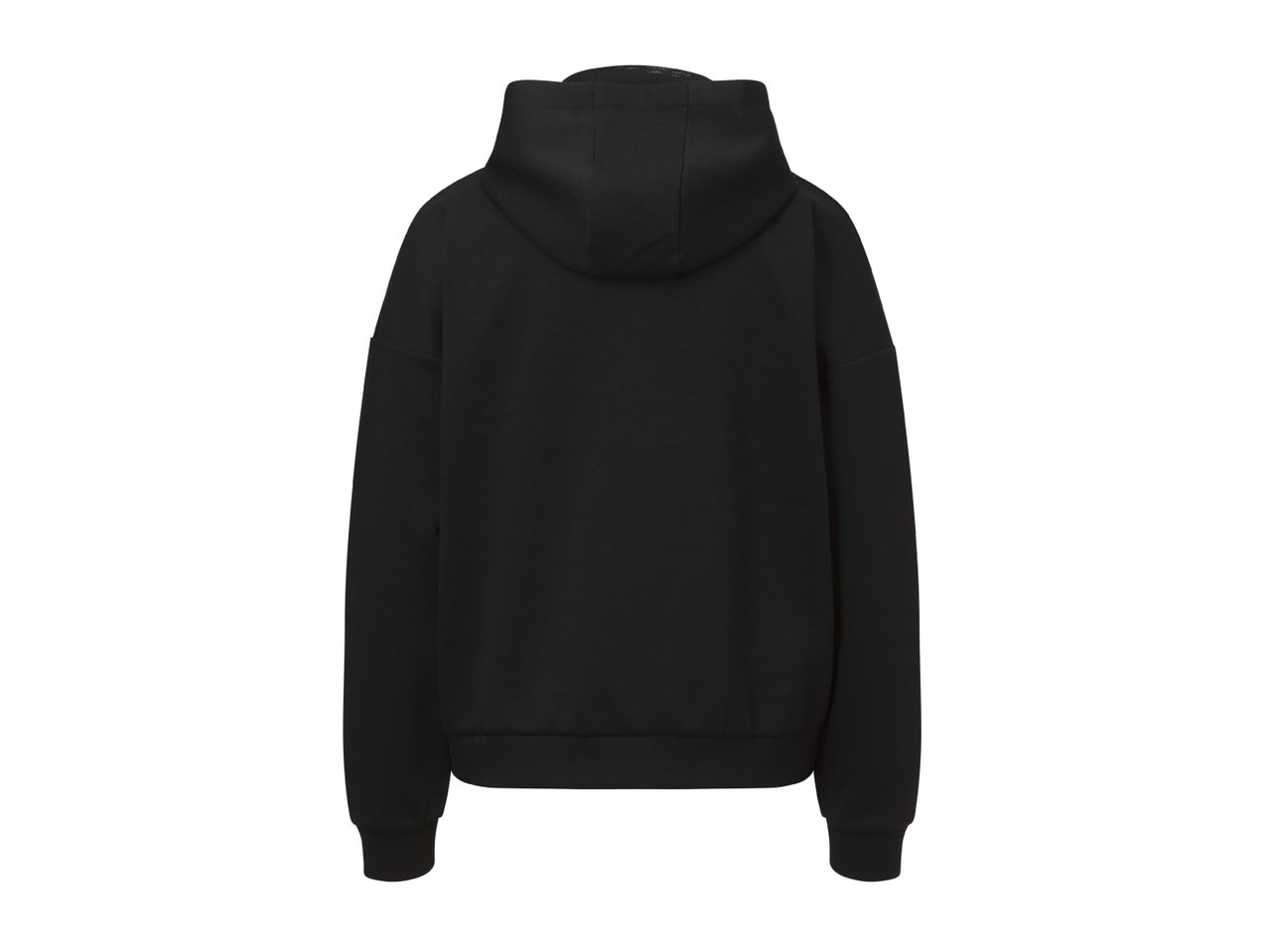 Back view of a plain black hoodie with a hood and ribbed cuffs and hem.