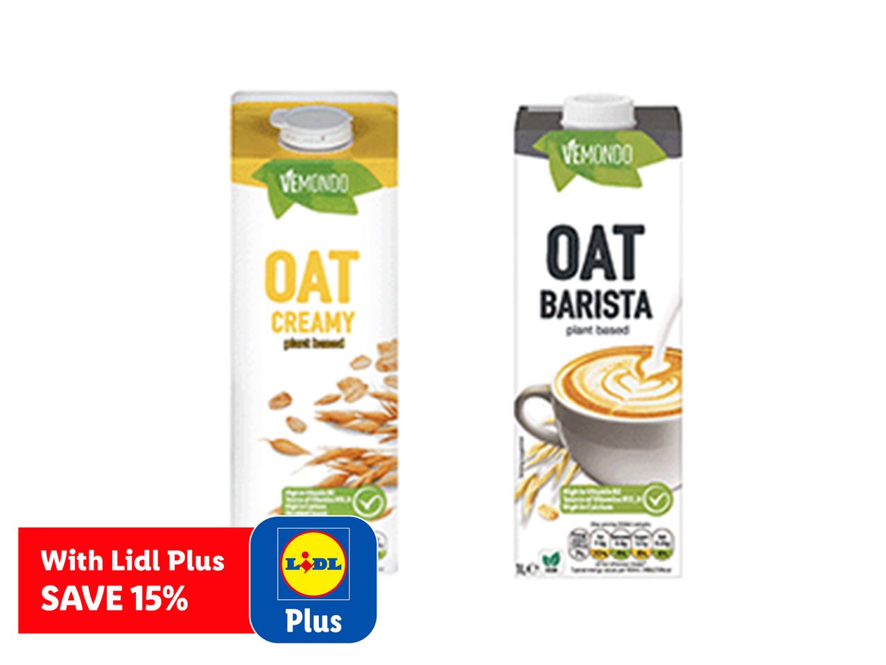 Two Vemondo oat milk cartons, Creamy and Barista, with a 'SAVE 15% with Lidl Plus' offer.