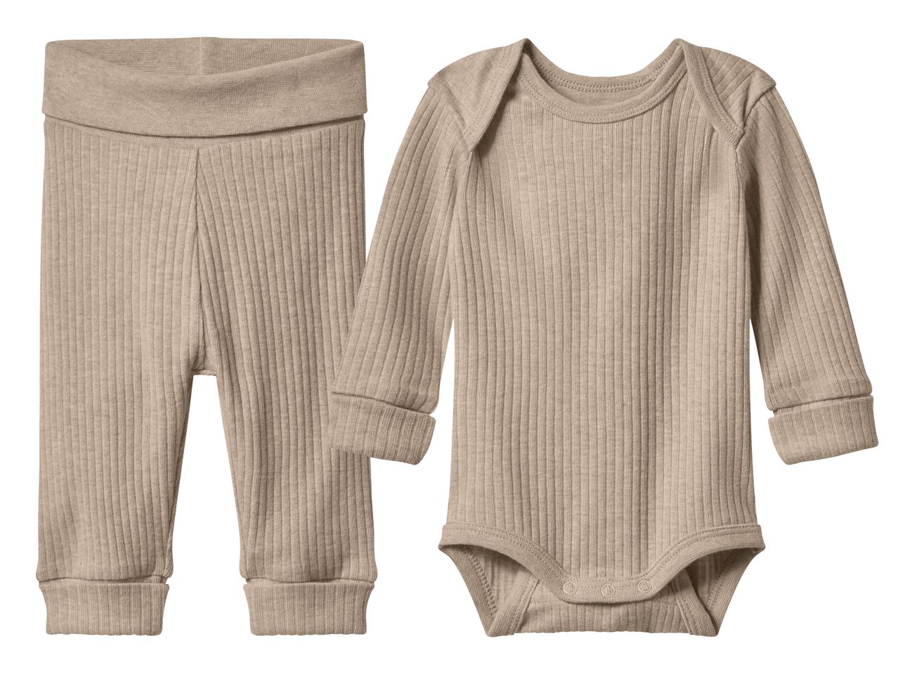 Бежов комплект от рипсено боди с дълъг ръкав и панталон за бебе.