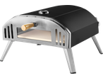 Portable outdoor pizza oven with a black body, stainless steel front, and wooden handle.