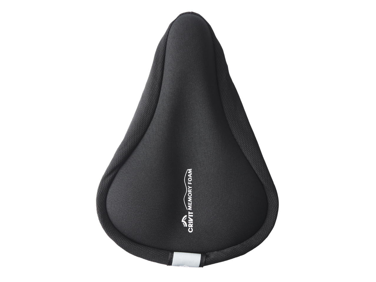 Черна подложка за седалка на велосипед с мемори пяна, с надпис „CRIVIT MEMORY FOAM“.