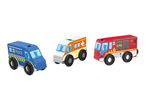 Wooden toy emergency vehicles: blue police van, white ambulance, and red fire truck.