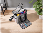 Knitting bag with yarn and accessories.