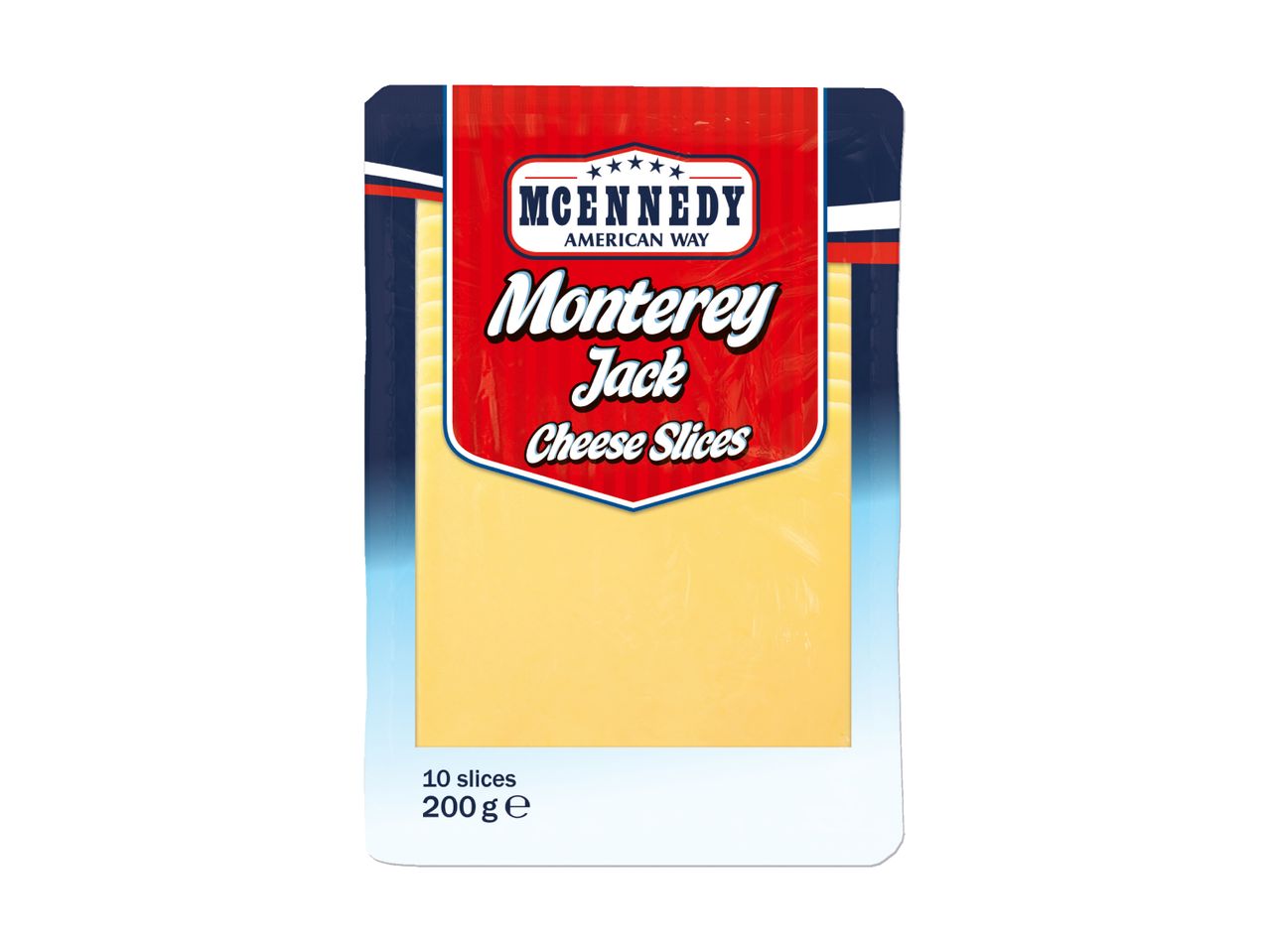 Pack of Monterey Jack cheese slices, 10 slices, 200g