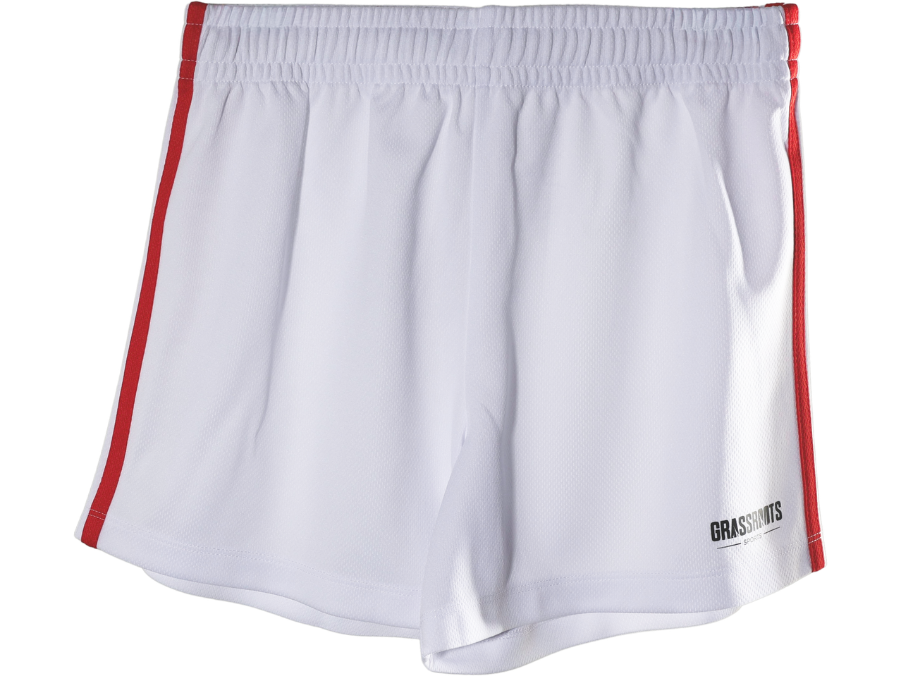 White kids' training shorts with red side stripes and a black logo on the right leg.