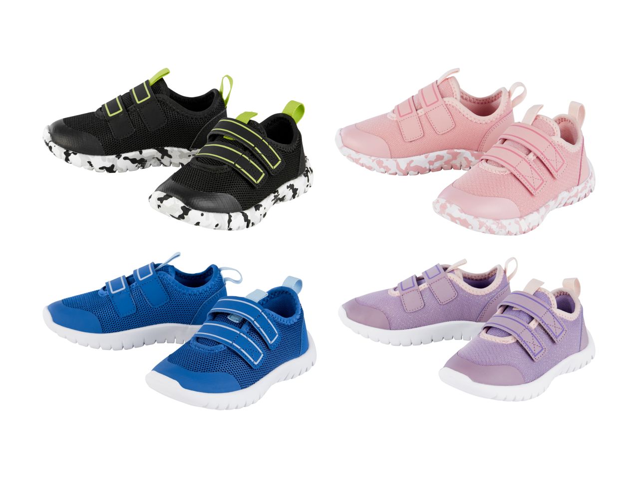 Vier Paar Kinderschuhe in Schwarz, Rosa, Blau und Lila.
