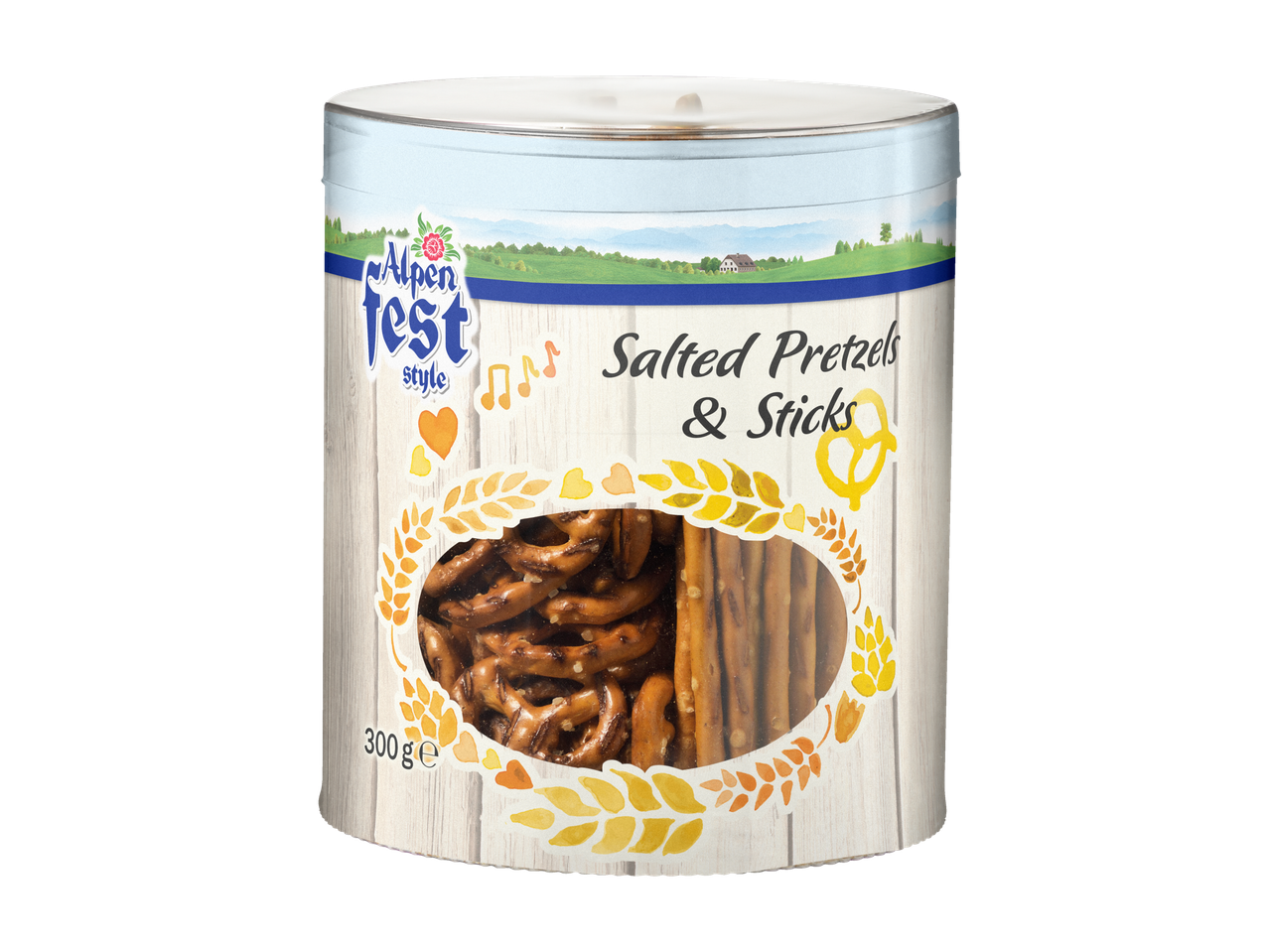 Alpenfest Salted Pretzels & Sticks in a festive tin with a clear window.