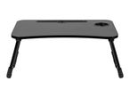 Black portable laptop table with a cup holder and a slot for a tablet or phone.